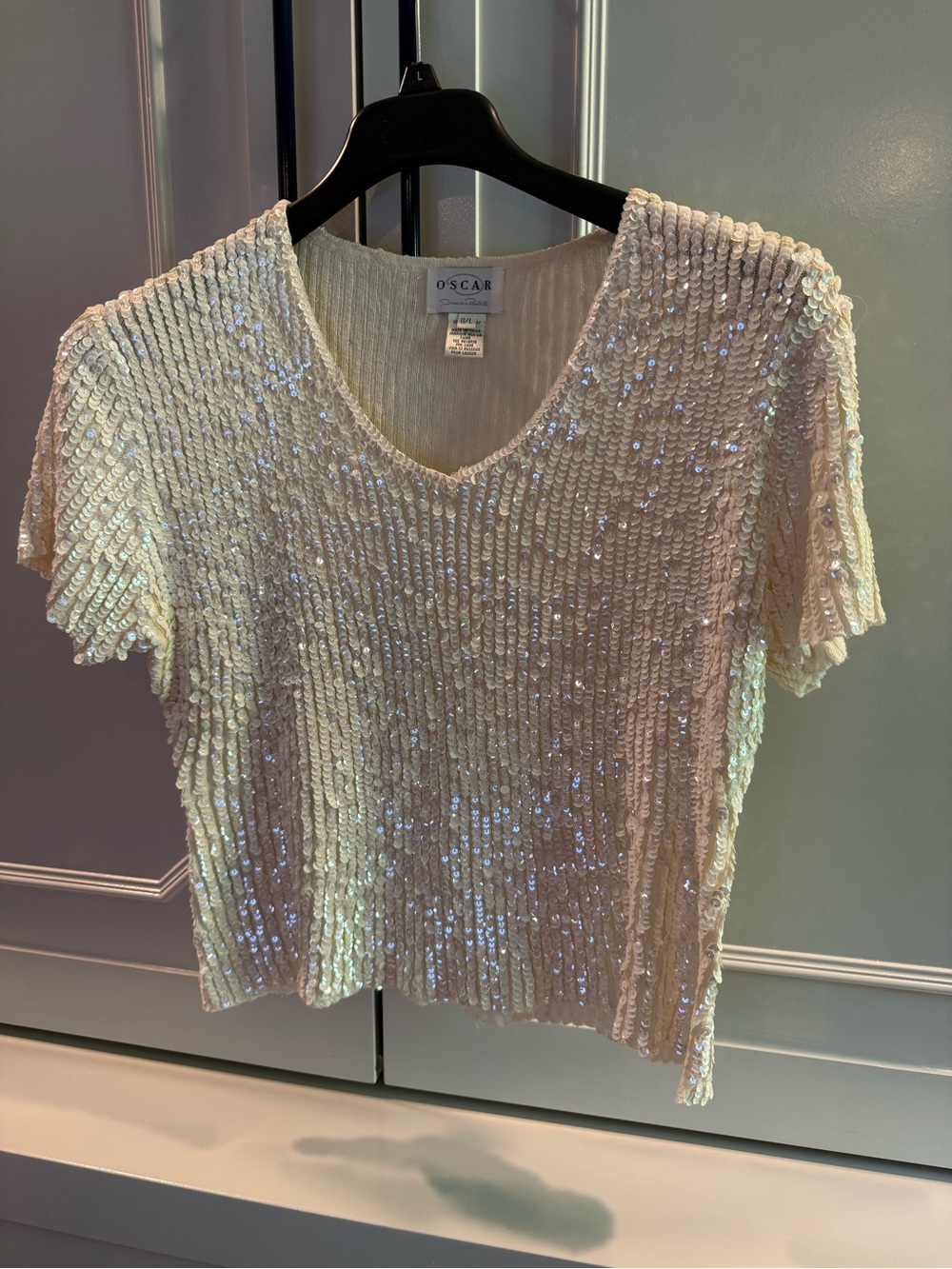 Oscar de la Renta Cream Sequin V-Neck Crop Top